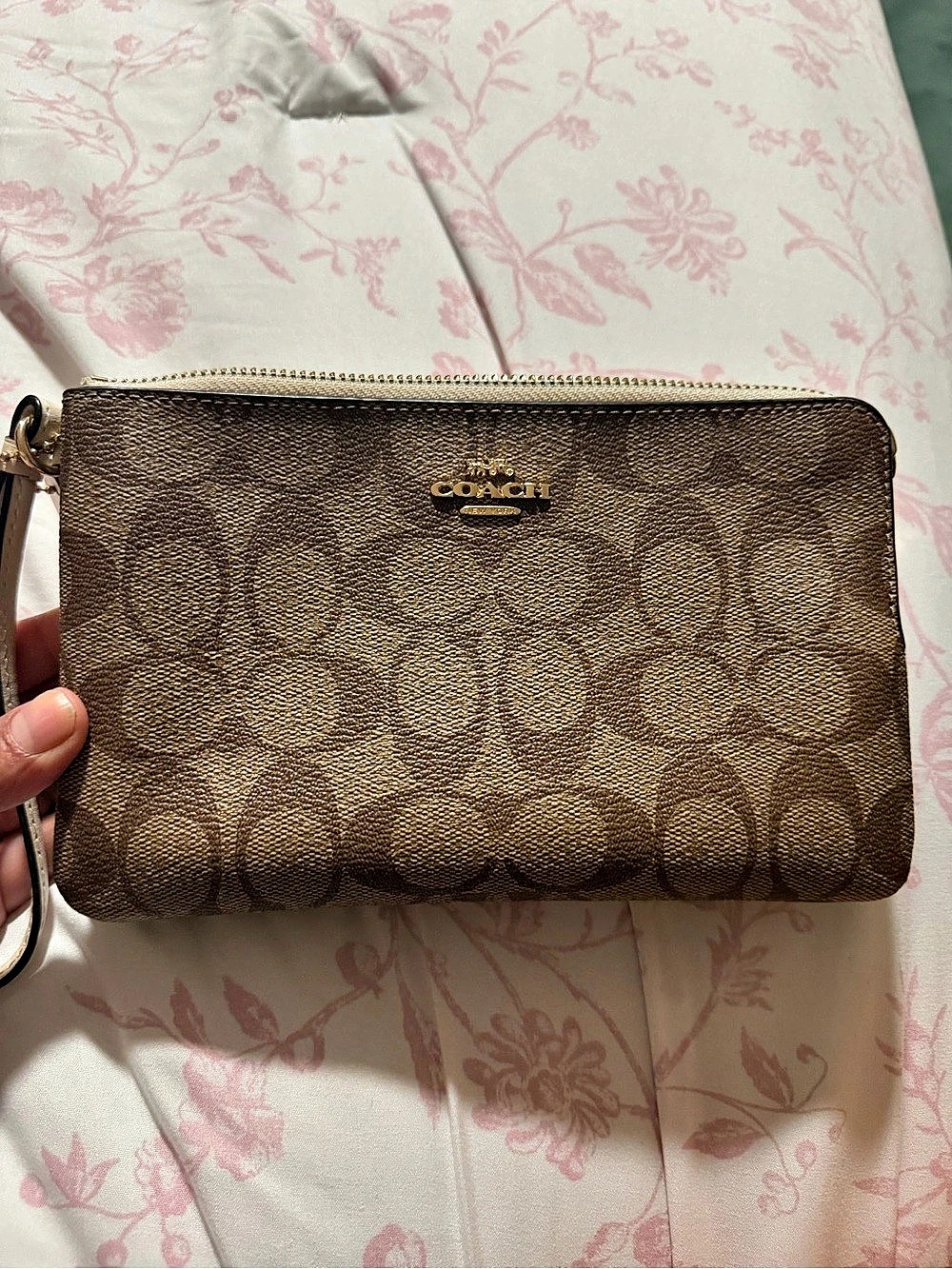 Coach Double Zip Wallet In Signature Canvas Wristlet in Brown